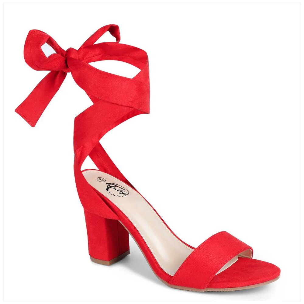 NWOT Red Suede Lace Up Wrap Open Toe Chunky Heeled Sandals, size 10